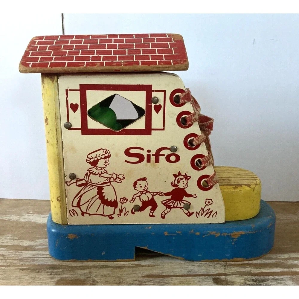 Vintage Sifo child's preschool wood lacing toy puzzle Old Woman in Shoe 1960's